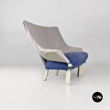 画像をギャラリービューアに読み込む, Grey and blue fabric and white wood armchairs, 1980s
