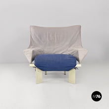 画像をギャラリービューアに読み込む, Grey and blue fabric and white wood armchairs, 1980s
