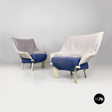 画像をギャラリービューアに読み込む, Grey and blue fabric and white wood armchairs, 1980s
