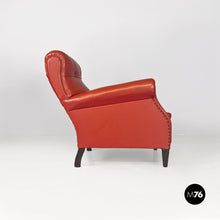 Load image into Gallery viewer, Red leather armchairs with armrests and wooden legs, 1940s
