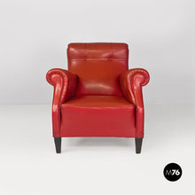 Load image into Gallery viewer, Red leather armchairs with armrests and wooden legs, 1940s