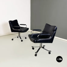 画像をギャラリービューアに読み込む, Leather and steel armchairs on wheels by Saporiti Italia, 1970s