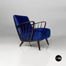 画像をギャラリービューアに読み込む, Dark blue velvet and black wood armchairs, 1960s