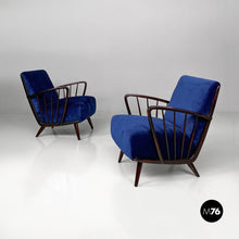 画像をギャラリービューアに読み込む, Dark blue velvet and black wood armchairs, 1960s