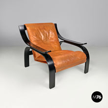 Load image into Gallery viewer, Armchair Woodline by Marco Zanuso for Arflex in black wood and brown leather, 1970s