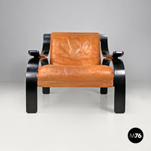 Load image into Gallery viewer, Armchair Woodline by Marco Zanuso for Arflex in black wood and brown leather, 1970s