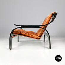 Load image into Gallery viewer, Armchair Woodline by Marco Zanuso for Arflex in black wood and brown leather, 1970s