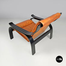 Load image into Gallery viewer, Armchair Woodline by Marco Zanuso for Arflex in black wood and brown leather, 1970s