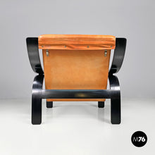 Load image into Gallery viewer, Armchair Woodline by Marco Zanuso for Arflex in black wood and brown leather, 1970s