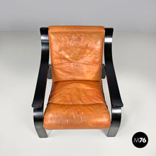 Load image into Gallery viewer, Armchair Woodline by Marco Zanuso for Arflex in black wood and brown leather, 1970s