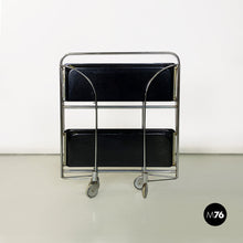 Charger l'image dans la galerie, Chromed metal and black plastic food trolley on wheels, 1960s