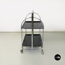 Charger l'image dans la galerie, Chromed metal and black plastic food trolley on wheels, 1960s