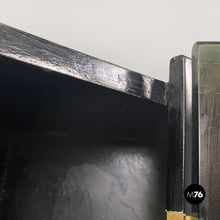 Load image into Gallery viewer, Black wood corner cabinet on wheels with shelf and bottle rack, 1980