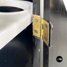 Load image into Gallery viewer, Black wood corner cabinet on wheels with shelf and bottle rack, 1980