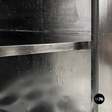 Load image into Gallery viewer, Black wood corner cabinet on wheels with shelf and bottle rack, 1980