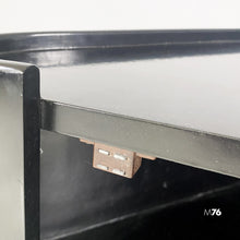 Load image into Gallery viewer, Black wood corner cabinet on wheels with shelf and bottle rack, 1980