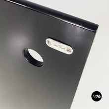 Load image into Gallery viewer, Black wood corner cabinet on wheels with shelf and bottle rack, 1980