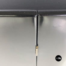 Load image into Gallery viewer, Black wood corner cabinet on wheels with shelf and bottle rack, 1980