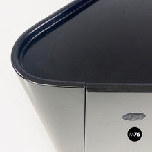 Load image into Gallery viewer, Black wood corner cabinet on wheels with shelf and bottle rack, 1980