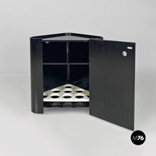 Load image into Gallery viewer, Black wood corner cabinet on wheels with shelf and bottle rack, 1980