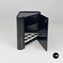 Load image into Gallery viewer, Black wood corner cabinet on wheels with shelf and bottle rack, 1980