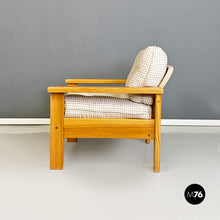 Load image into Gallery viewer, Solid wood and checkered black and white fabric armchair, 1970s