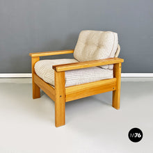 Load image into Gallery viewer, Solid wood and checkered black and white fabric armchair, 1970s