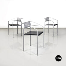 画像をギャラリービューアに読み込む, Stackable grey metal and black leather chairs by Fly Line, 1990s