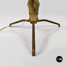 画像をギャラリービューアに読み込む, Green wood, white fabric and brass floor lamp, 1950s