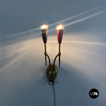 Load image into Gallery viewer, Brass appliques with two lights points, 1950s