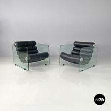 将图片加载到图库查看器,Black leather and glass armchairs Hyaline by Fabio Lenci for Comfort Line, 1970s