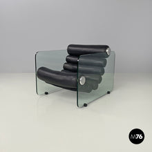 将图片加载到图库查看器,Black leather and glass armchairs Hyaline by Fabio Lenci for Comfort Line, 1970s