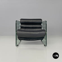 将图片加载到图库查看器,Black leather and glass armchairs Hyaline by Fabio Lenci for Comfort Line, 1970s