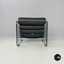 将图片加载到图库查看器,Black leather and glass armchairs Hyaline by Fabio Lenci for Comfort Line, 1970s