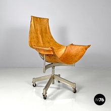 Charger l'image dans la galerie, Brown leather swivel chairs with wheels, 1950s
