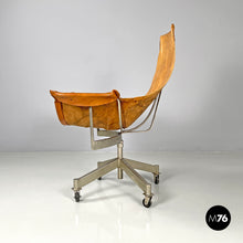 Charger l'image dans la galerie, Brown leather swivel chairs with wheels, 1950s