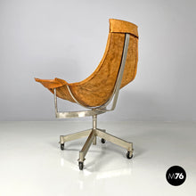 Charger l'image dans la galerie, Brown leather swivel chairs with wheels, 1950s