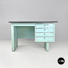 画像をギャラリービューアに読み込む, Desk in light blue metal and black leather top, 1960s
