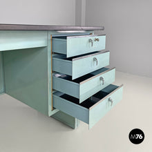 画像をギャラリービューアに読み込む, Desk in light blue metal and black leather top, 1960s