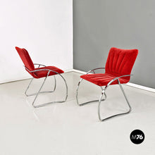Charger l'image dans la galerie, Brick red velvet and chromed metal chairs, 1970s