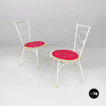 Load image into Gallery viewer, White iron garden chairs with magenta red pillow, 1960s