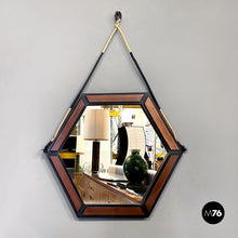 画像をギャラリービューアに読み込む, Hexagonal wooden wall mirror with rope, 1960s