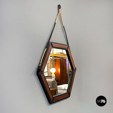 画像をギャラリービューアに読み込む, Hexagonal wooden wall mirror with rope, 1960s