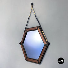 画像をギャラリービューアに読み込む, Hexagonal wooden wall mirror with rope, 1960s