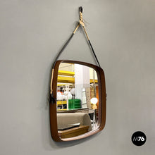 画像をギャラリービューアに読み込む, Squared wooden wall mirror with rope, 1960s