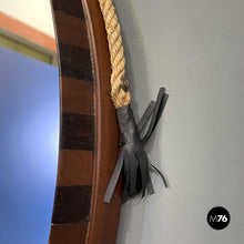 画像をギャラリービューアに読み込む, Rounded two toned wood wall mirror with rope, 1960s