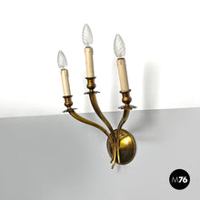 画像をギャラリービューアに読み込む, Three-armed brass wall light with wooden candles, 1970s