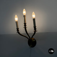 画像をギャラリービューアに読み込む, Three-armed brass wall light with wooden candles, 1970s