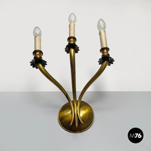 画像をギャラリービューアに読み込む, Three-armed brass wall light with wooden candles, 1970s