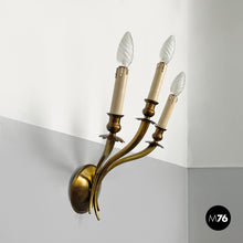 画像をギャラリービューアに読み込む, Three-armed brass wall light with wooden candles, 1970s